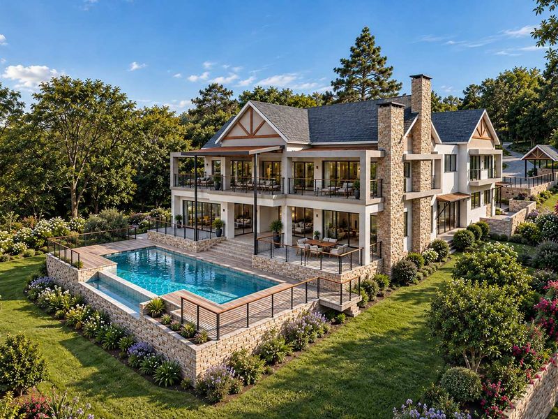 Stunning rear elevation of a luxury residence featuring a multi-level patio, swimming pool, stone masonry, and beautifully landscaped gardens.
