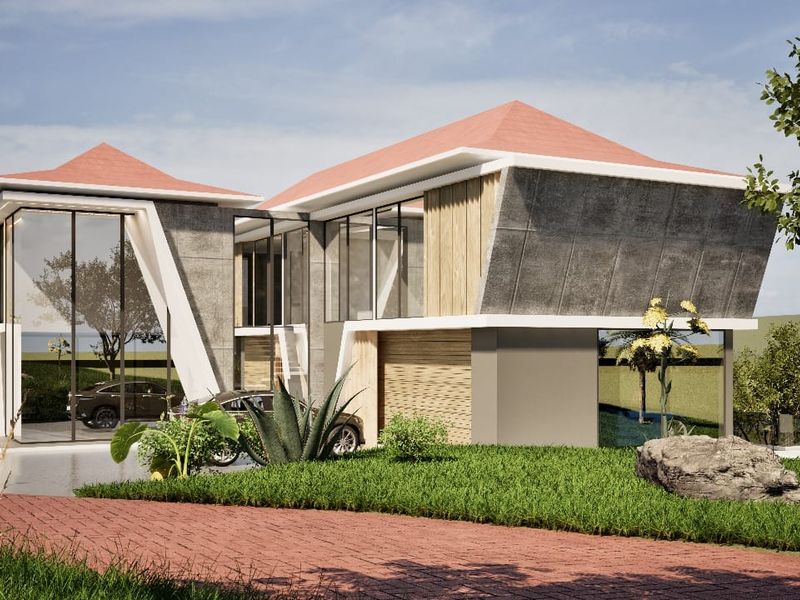 A modern architectural residential design featuring concrete and timber finishes with expansive glass windows and a paved driveway.
