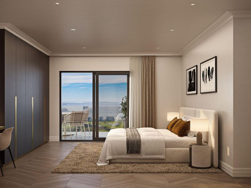 Modern bedroom featuring herringbone flooring, extensive built-in cabinetry, recessed lighting, and a sliding glass door leading to a balcony with scenic views.