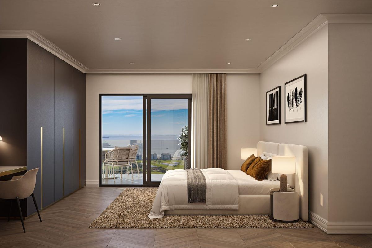 Modern bedroom featuring herringbone flooring, extensive built-in cabinetry, recessed lighting, and a sliding glass door leading to a balcony with scenic views.