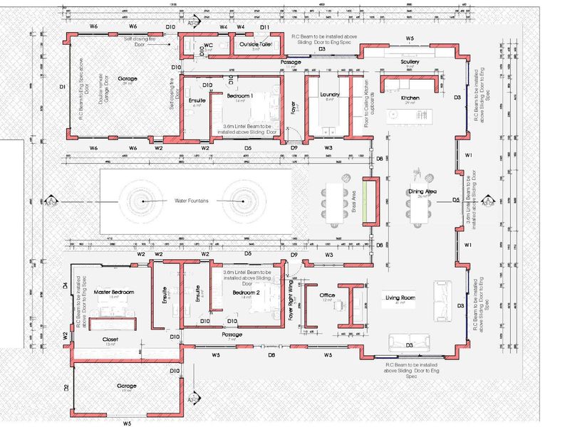 Architectural floor plan detailing the layout of a residential property including bedrooms, living areas, kitchen, and garages.