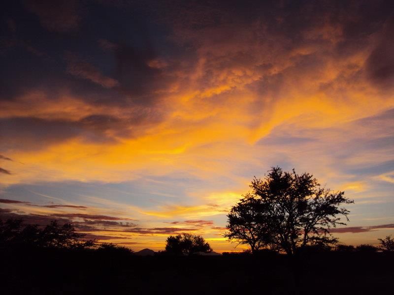 A scenic sunset view over the rural landscape, showcasing the natural beauty and open space of the small holding.