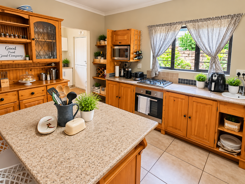 A traditional kitchen featuring warm wooden cabinetry, a central island with stone-look countertops, built-in oven, gas hob, and tiled flooring.