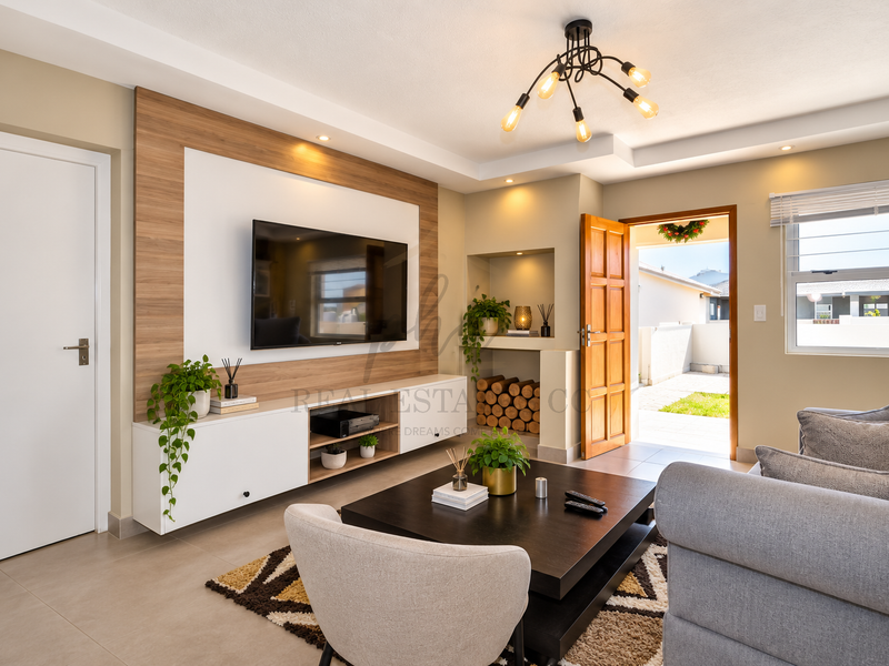 A well-maintained living room featuring a modern built-in media console, recessed shelving, and direct access to an outdoor patio area.