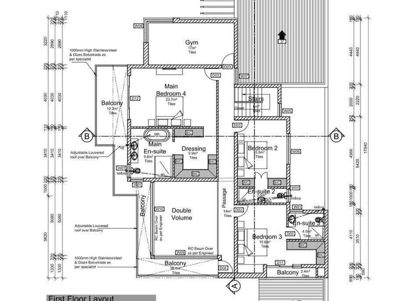 Architectural first floor layout plan detailing bedroom configurations, en-suite bathrooms, dressing areas, gym space, and balcony access with louvered roof features.