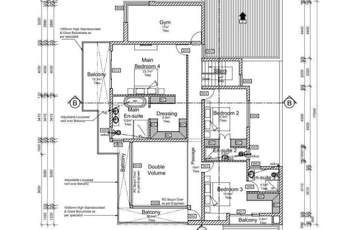 Architectural first floor layout plan detailing bedroom configurations, en-suite bathrooms, dressing areas, gym space, and balcony access with louvered roof features.