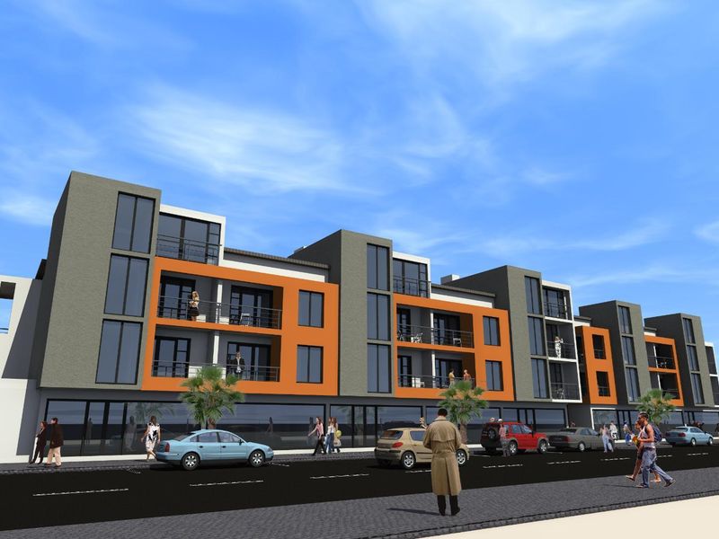 A digital architectural rendering of a modern multi-story apartment complex featuring orange and grey facade accents with private balconies.