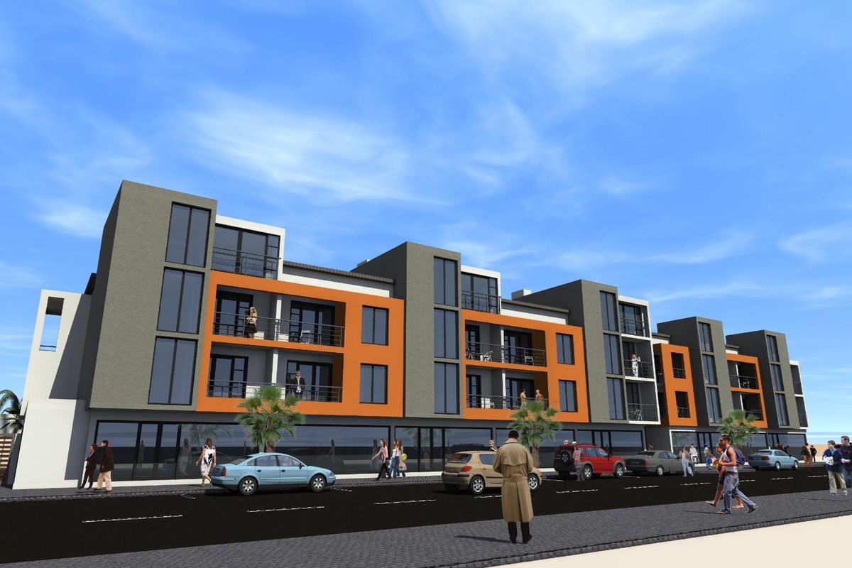 A digital architectural rendering of a modern multi-story apartment complex featuring orange and grey facade accents with private balconies.