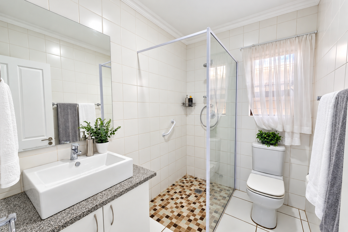 A well-maintained bathroom featuring a modern vanity with granite countertop, a walk-in shower with mosaic tiling, and a standard toilet.