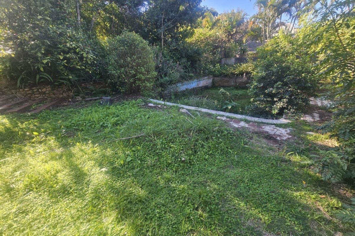 A large, overgrown garden area featuring a stone-edged retaining wall, offering significant potential for landscaping and outdoor space development.