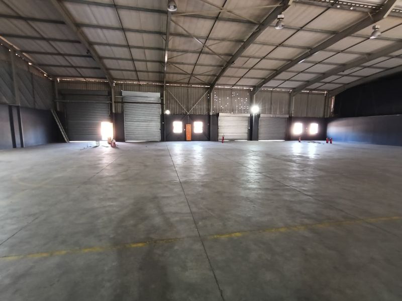 Spacious industrial warehouse featuring high ceilings, concrete flooring, multiple roller shutter doors, and functional high-bay lighting, suitable for various commercial or storage operations.