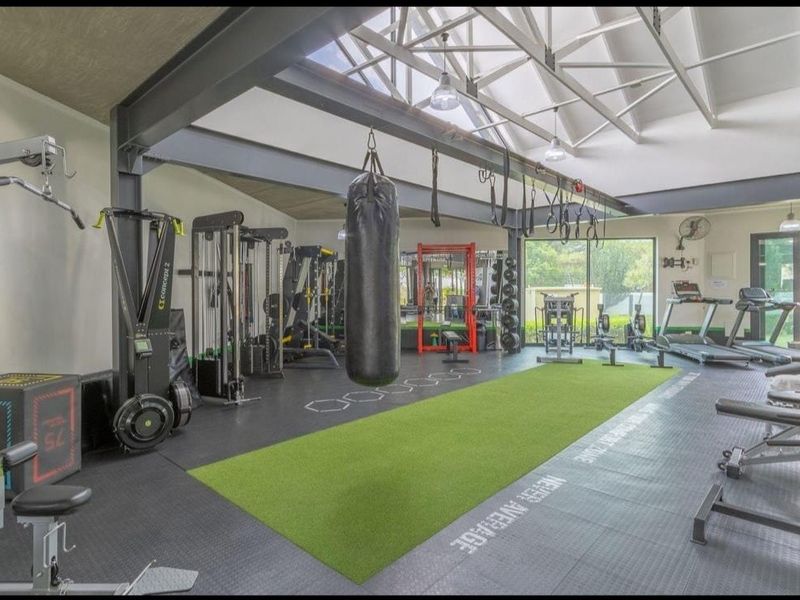 A well-equipped professional gym featuring exposed steel structural beams, high truss ceilings, durable rubber flooring with turf inlay, and large glass doors.