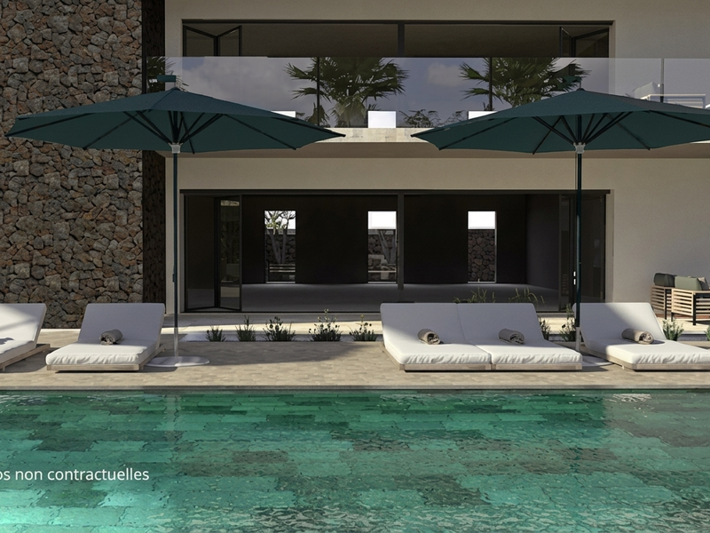 Modern apartment exterior featuring a swimming pool, stone-clad facade, and expansive glass bi-fold doors leading to the interior living space.