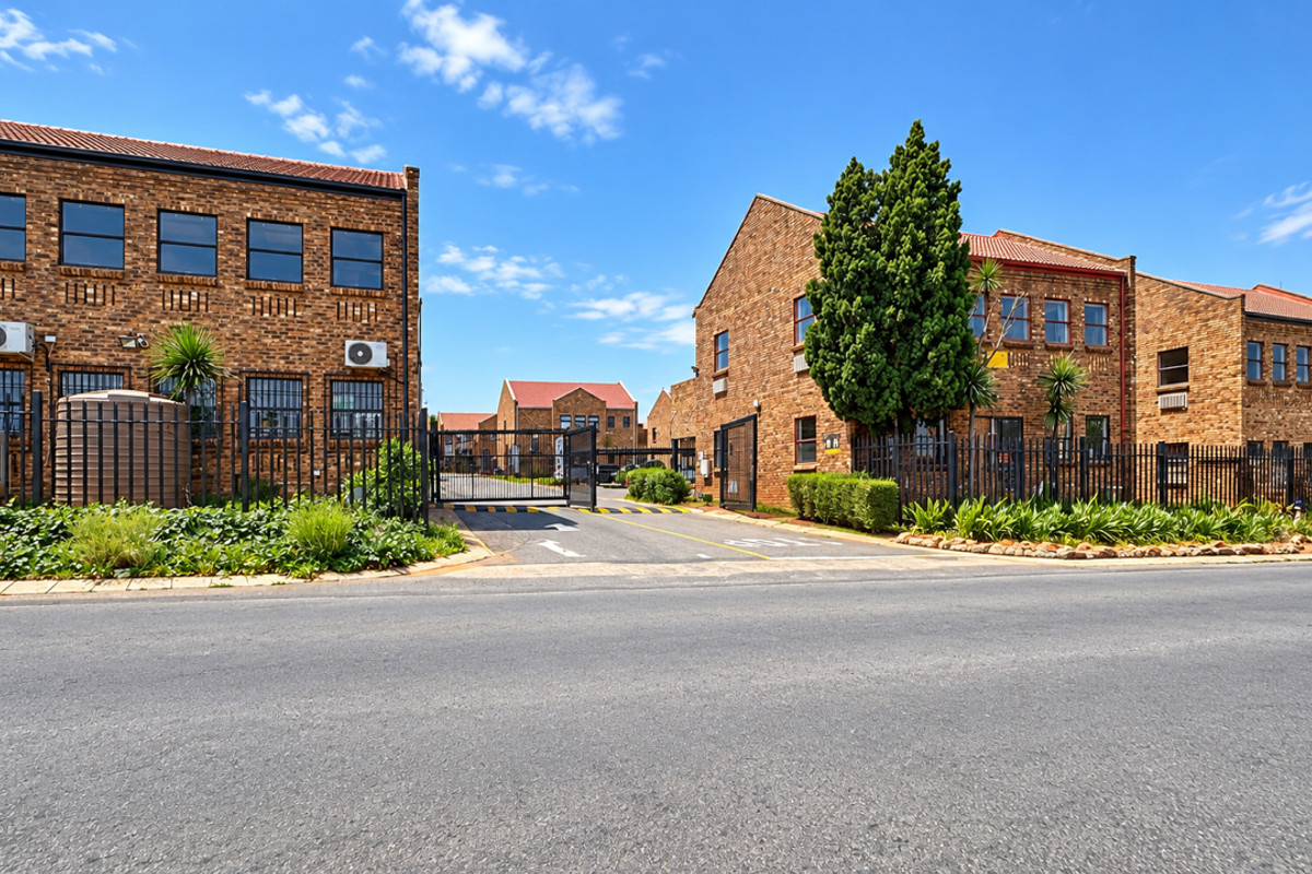 A professional exterior view of a commercial office park featuring face brick buildings, secure gated access, and well-maintained landscaping.