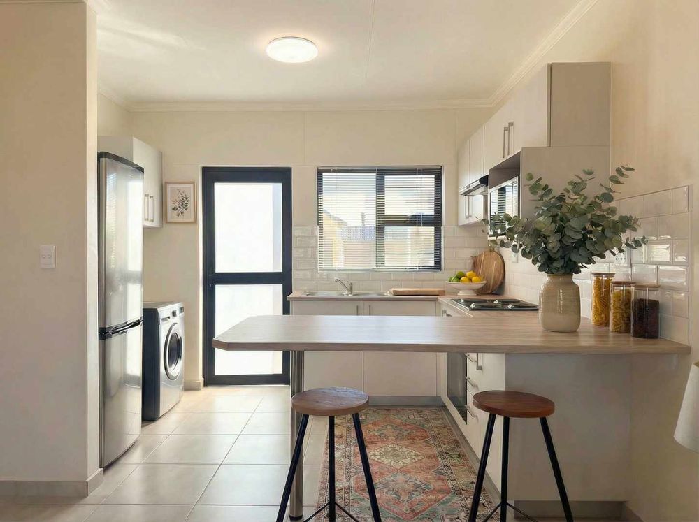 Kitchen with built-in cupboards + oven and sit-down countertop.