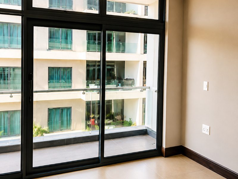 A bright, empty living area featuring large sliding glass doors that open onto a balcony, with neutral tiled flooring and clean wall finishes.
