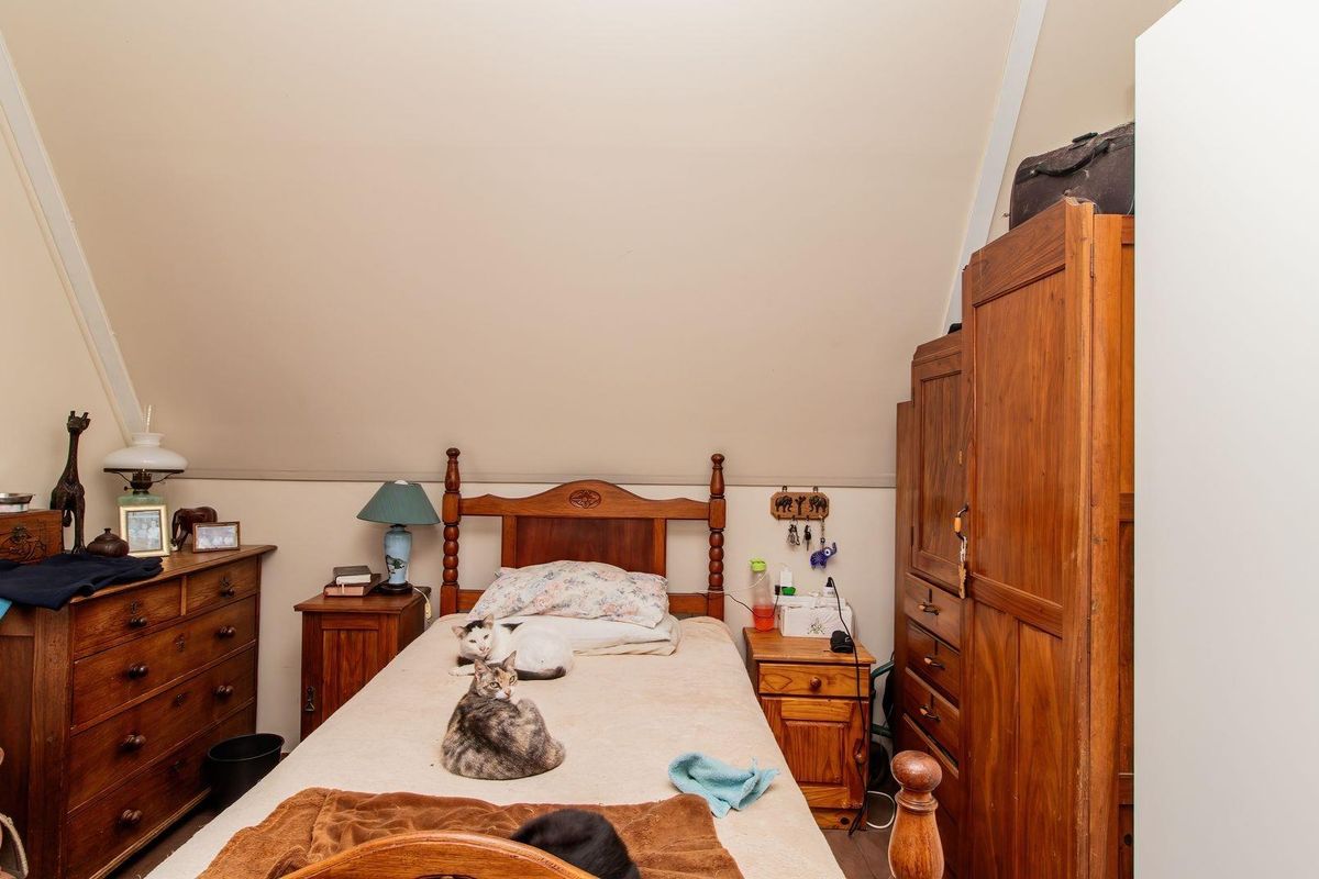 A cozy bedroom featuring a sloped ceiling and neutral wall finishes, providing a comfortable and functional living space.