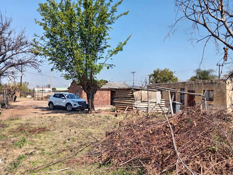 Rear view of the property showing brick structures with corrugated roofing, set on an unpaved lot with mature trees and significant vegetation debris.