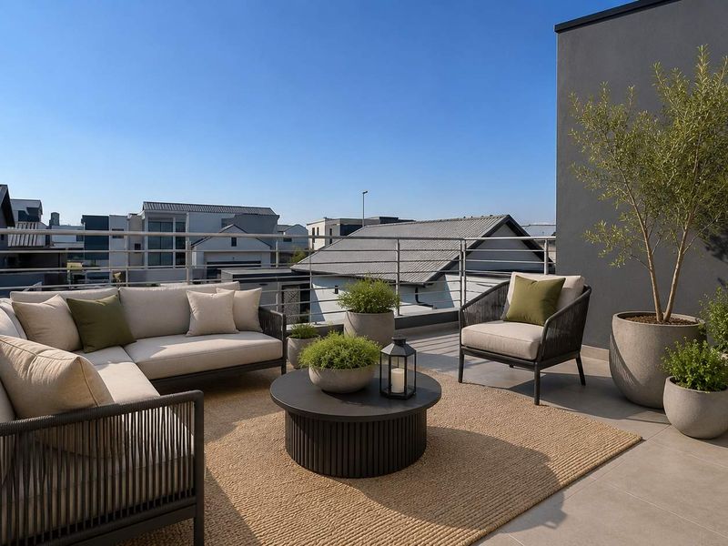 A modern, well-maintained rooftop balcony featuring tiled flooring and a secure metal railing, offering an open-air space for outdoor relaxation.