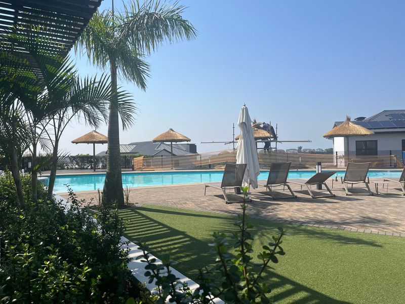 Outdoor pool area featuring a paved deck, artificial grass, and thatch umbrellas, currently undergoing maintenance with visible scaffolding.