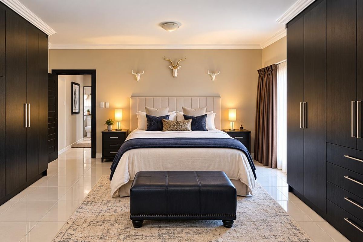 A well-appointed bedroom featuring extensive dark wood built-in cabinetry, tiled flooring, crown molding, and direct access to an en-suite bathroom.