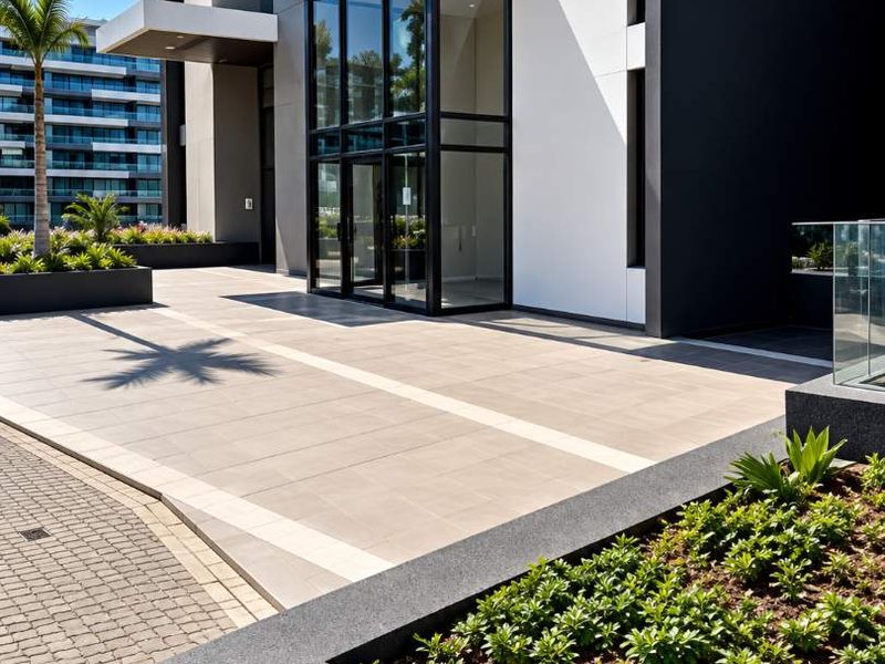 Modern retail building entrance featuring a glass facade, tiled plaza, and contemporary raised concrete planters.