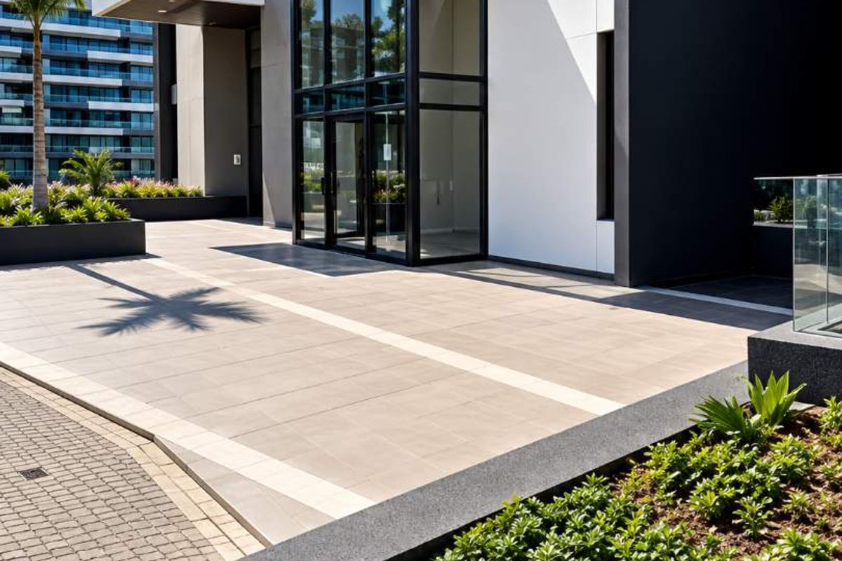 Modern retail building entrance featuring a glass facade, tiled plaza, and contemporary raised concrete planters.