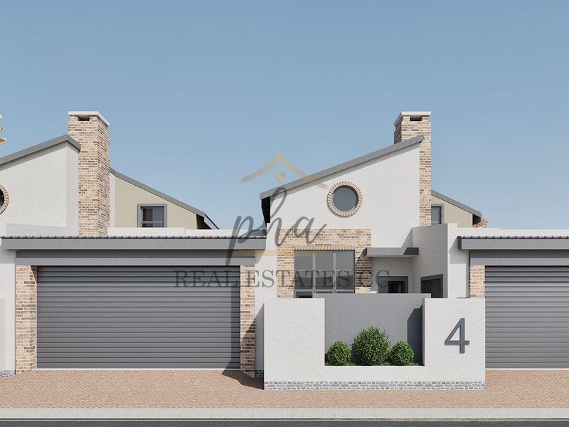 Front elevation of a modern townhouse complex featuring brick chimneys, garage doors, and paved driveway access.