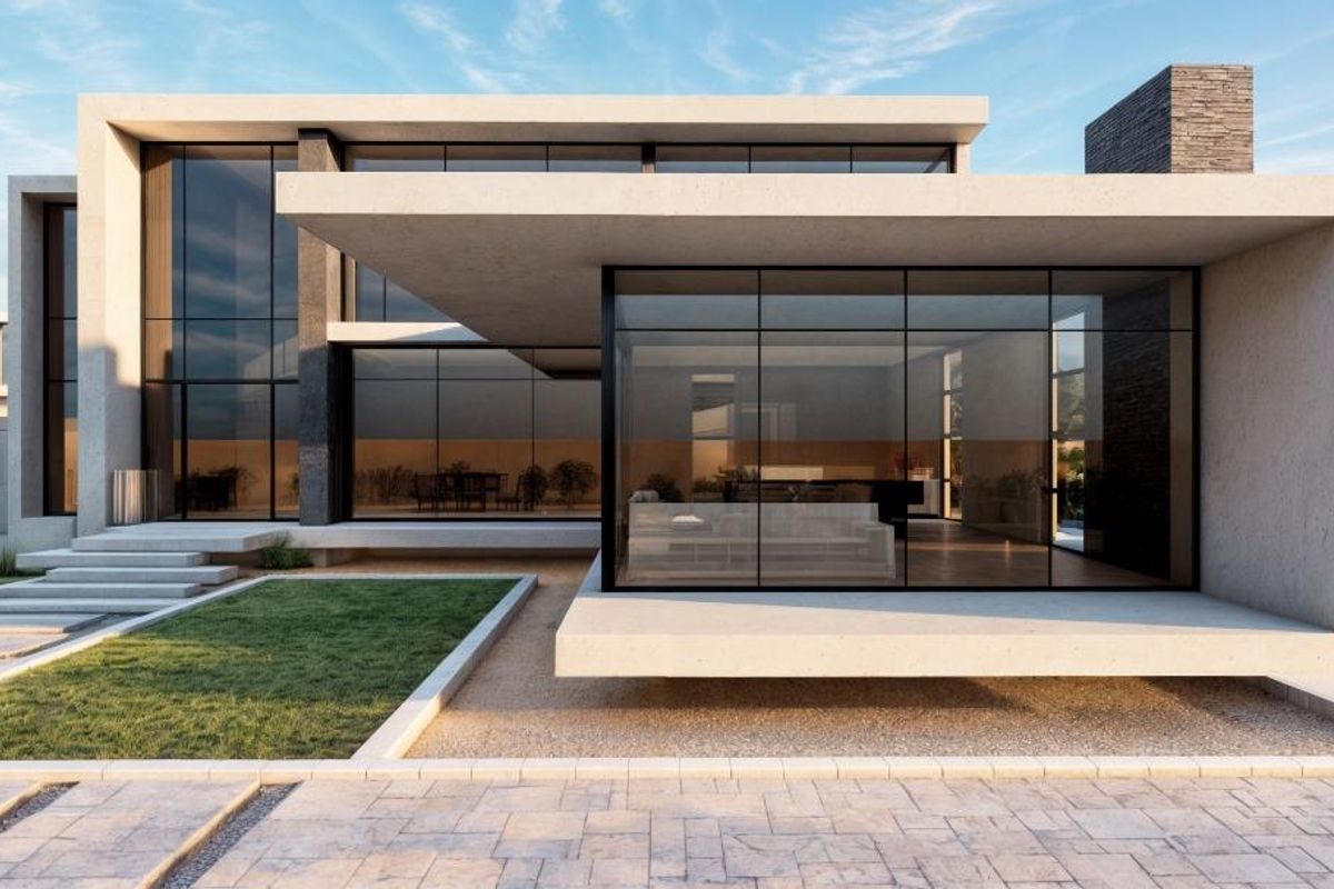 A modern architectural rear elevation featuring a striking cantilevered concrete design, expansive floor-to-ceiling glass walls, and a manicured garden with paved patio areas.