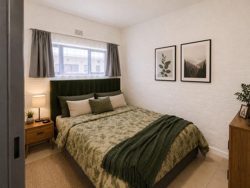 A well-maintained bedroom featuring painted brick walls, tiled flooring, and a functional sliding window with natural light.