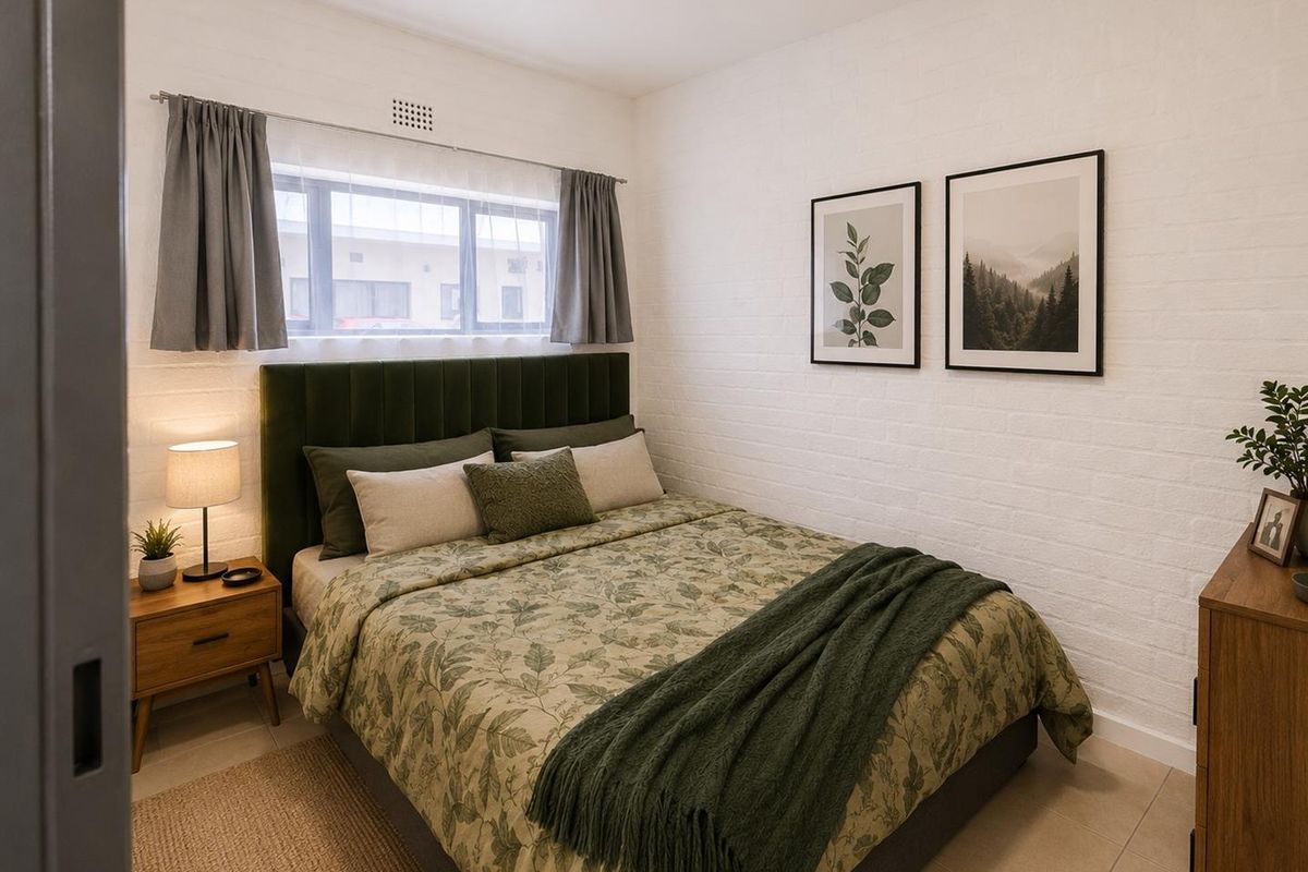 A well-maintained bedroom featuring painted brick walls, tiled flooring, and a functional sliding window with natural light.