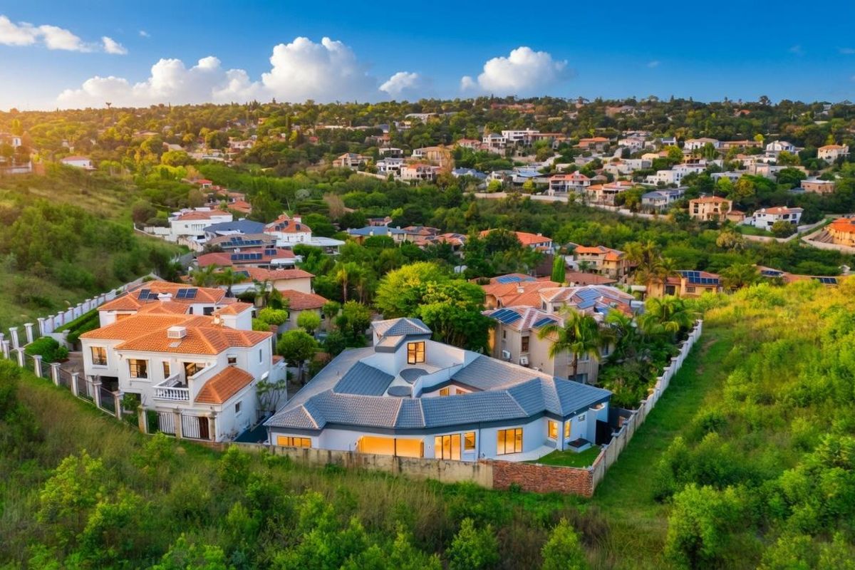 Aerial view of a residential property featuring a modern house with a tiled roof, set within a landscaped suburban estate.