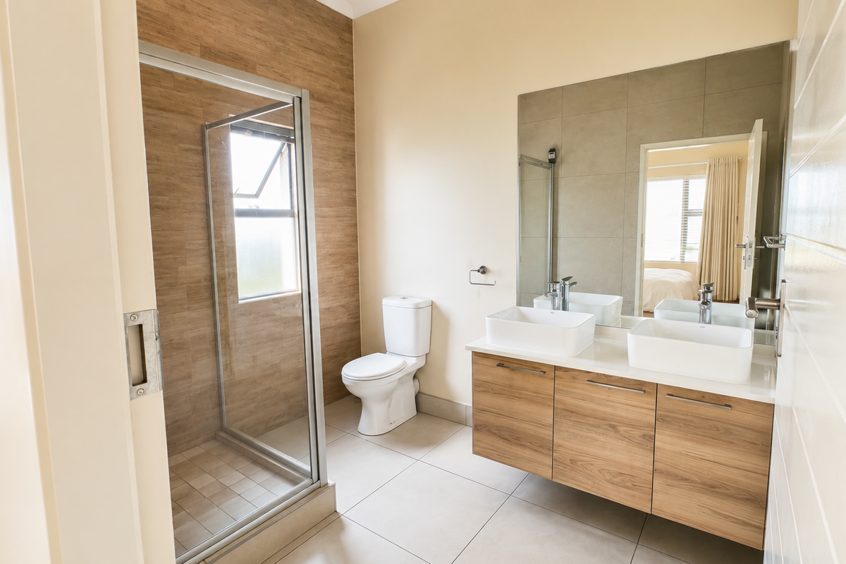 Modern bathroom featuring a double vanity with vessel sinks, a floating wood-finish cabinet, and a spacious walk-in shower with glass enclosure.