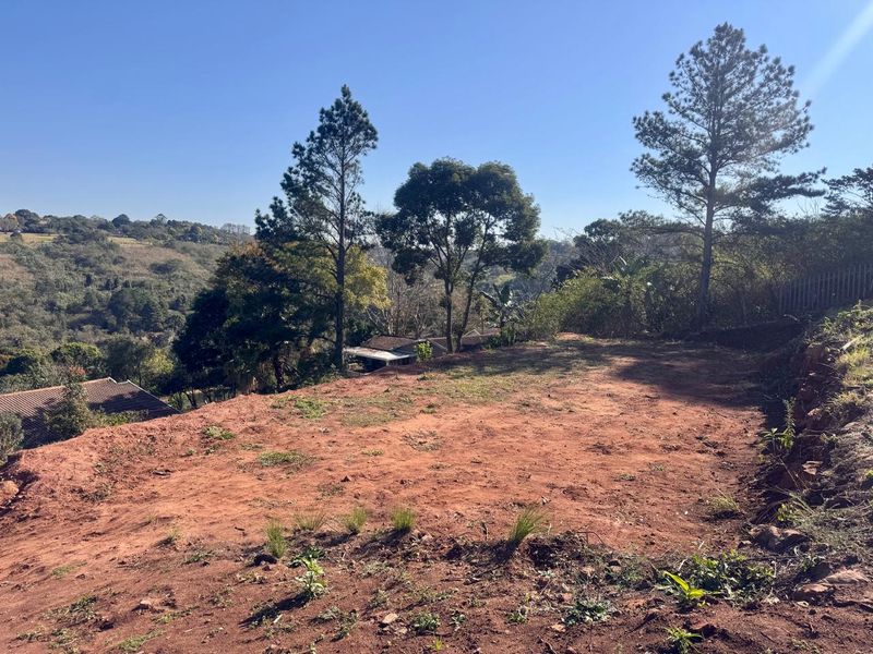 A view of a sloped, cleared residential plot featuring mature trees and surrounding landscape, ideal for future development.