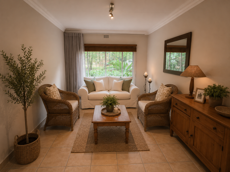 A well-maintained living room featuring neutral tiled flooring, decorative cornicing, and a large window fitted with security bars.