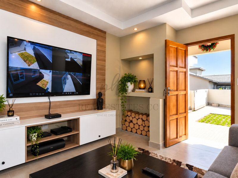Modern living room featuring a built-in media console, recessed wall niche, and direct access to an outdoor patio area.