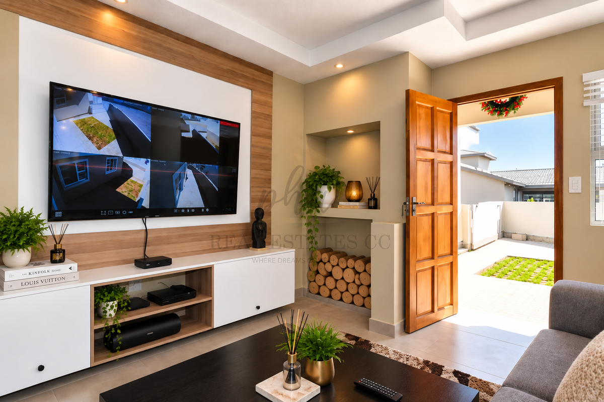 Modern living room featuring a built-in media console, recessed wall niche, and direct access to an outdoor patio area.