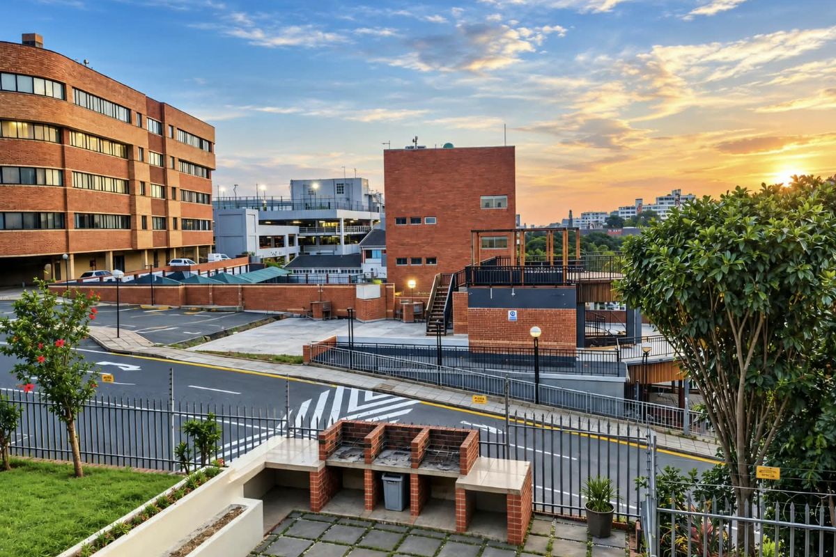 Outdoor entertainment area featuring a built-in brick braai, paved patio, and landscaped garden with views of the surrounding apartment complex and sunset.