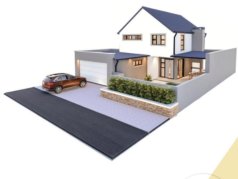 A 3D architectural rendering of a modern townhouse featuring a double-story design, attached garage, and private courtyard area.