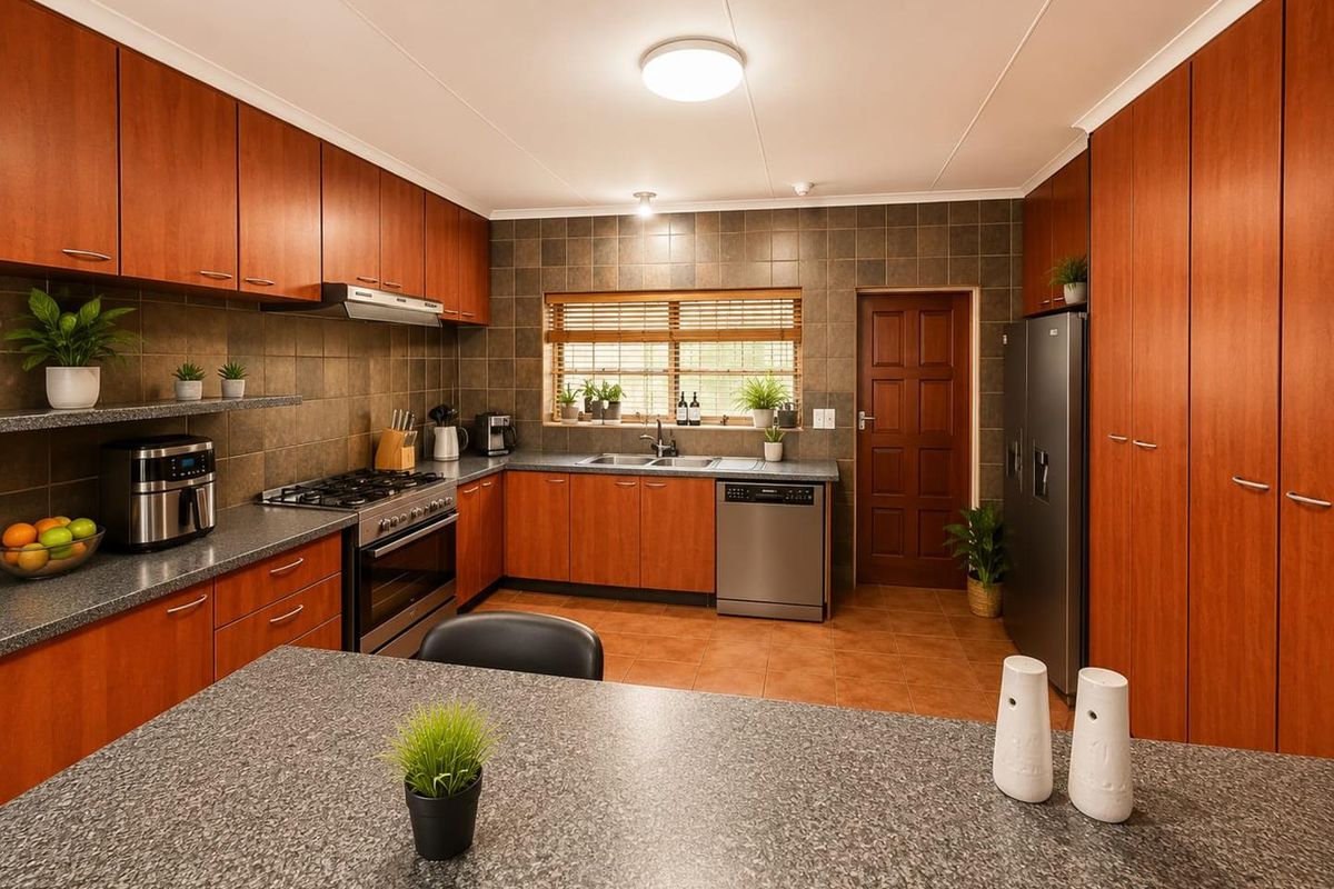 A functional kitchen featuring wood-finish cabinetry, granite-style countertops, tiled backsplash, a gas stove, and a double sink with a window view.