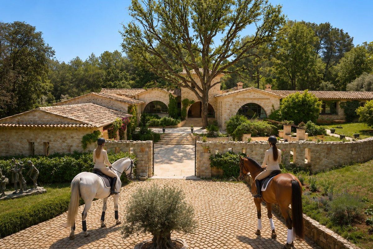 A stunning stone-clad estate entrance featuring a cobblestone driveway, arched architectural details, and mature landscaping, reflecting a high-end, well-maintained small holding property.