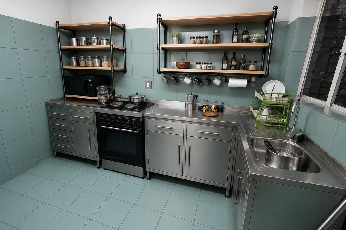 Functional kitchen featuring stainless steel cabinetry, integrated gas stove and oven, tiled surfaces, and open industrial-style shelving for storage.