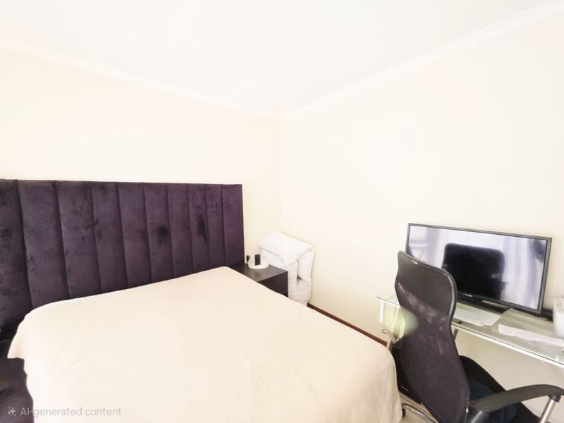 A bedroom interior featuring neutral wall finishes and standard ceiling coving.