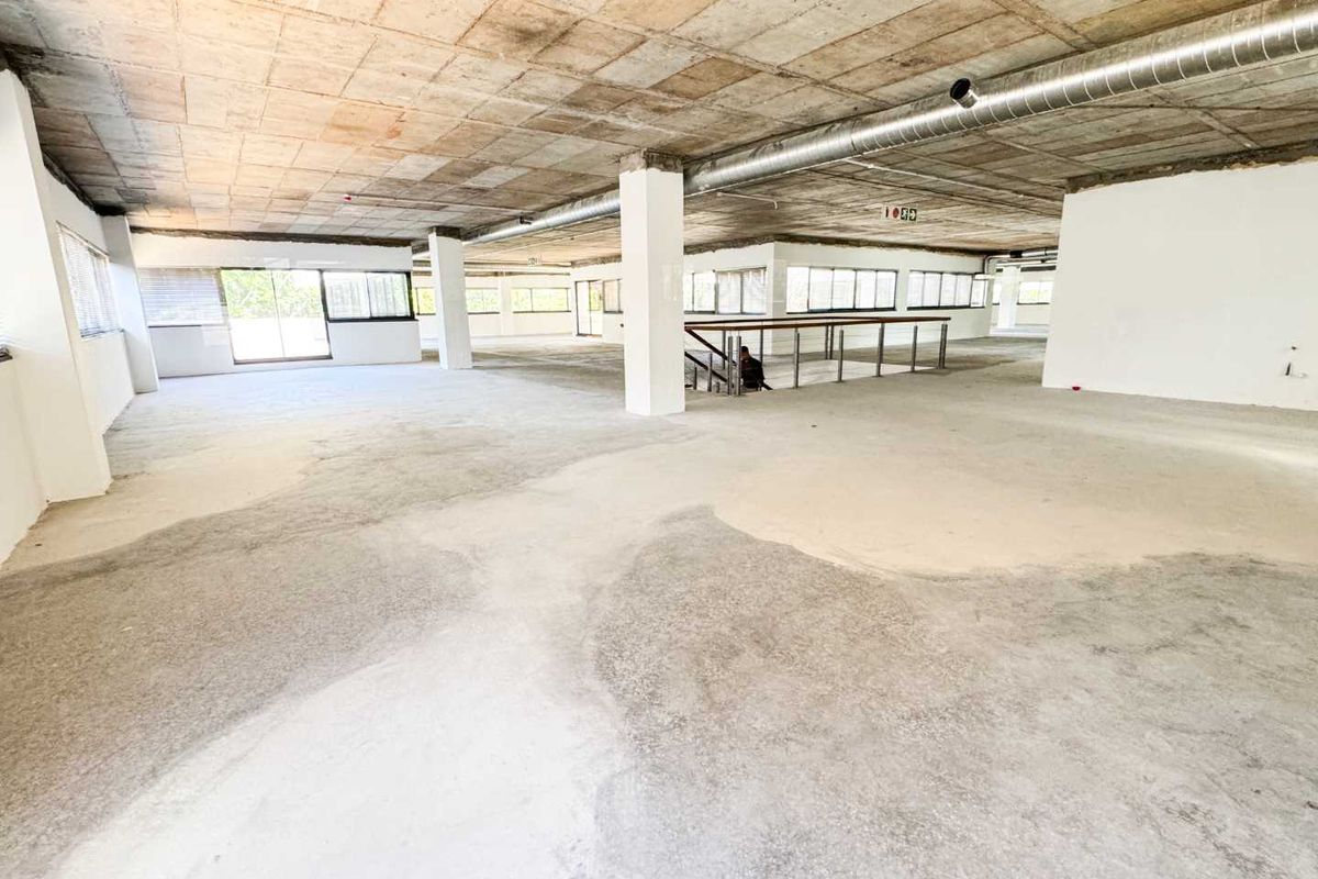 Expansive open-plan commercial space featuring an industrial aesthetic with exposed concrete ceilings, ducting, and large windows providing ample natural light.