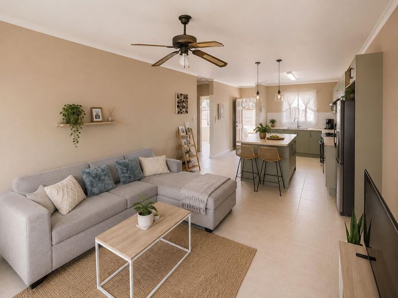 An open-plan living and kitchen area featuring tiled floors, a central kitchen island, and neutral wall tones, creating a functional and cohesive living space.