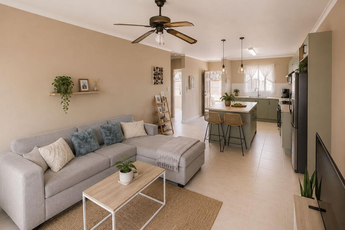 An open-plan living and kitchen area featuring tiled floors, a central kitchen island, and neutral wall tones, creating a functional and cohesive living space.