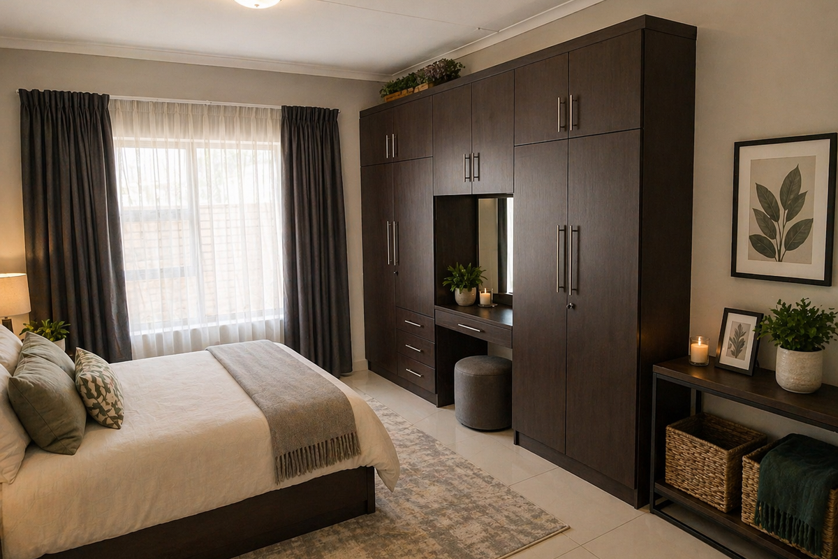 A well-maintained bedroom featuring a large, dark wood built-in wardrobe with an integrated vanity station and tiled flooring.