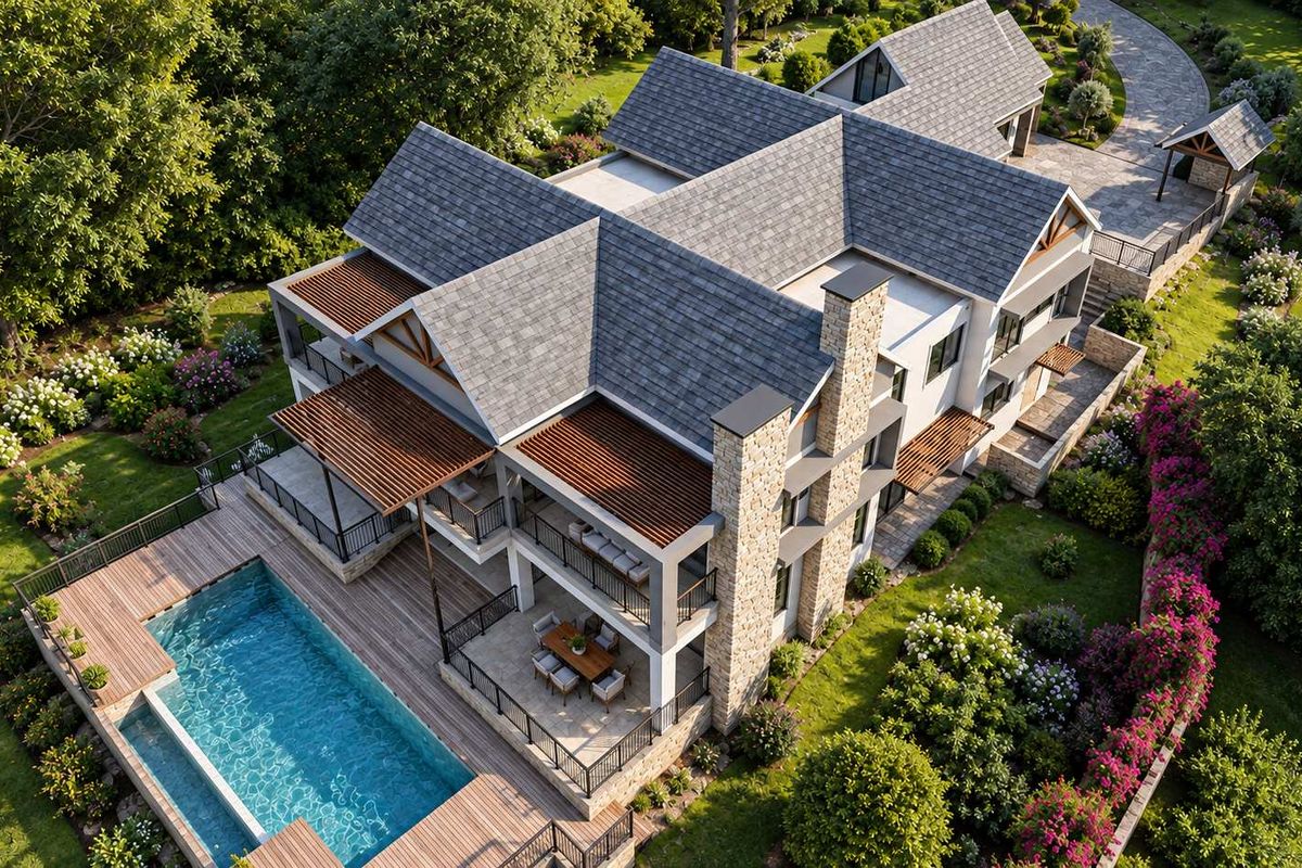 Aerial view of a luxury residence featuring a swimming pool, timber decking, stone accents, and extensive landscaped gardens.