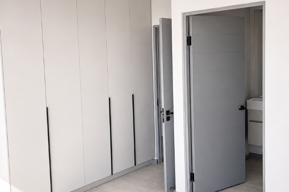 A modern, minimalist bedroom featuring neutral tiled flooring, extensive built-in floor-to-ceiling cupboards, and clean architectural lines leading to an en-suite bathroom.