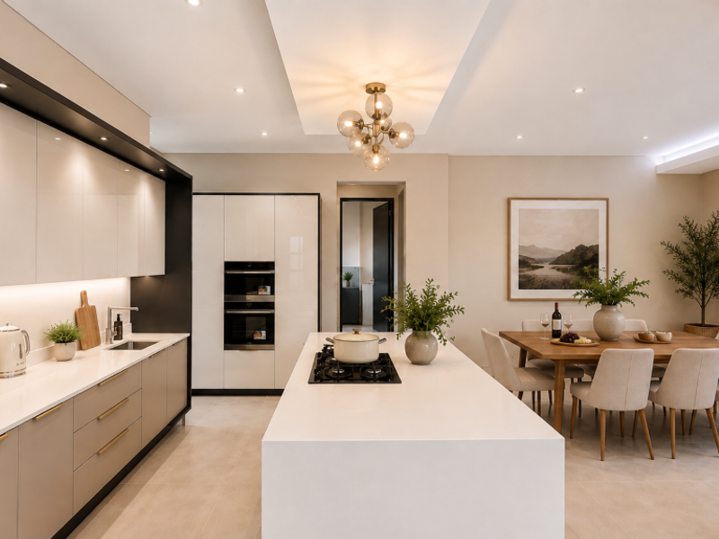 Modern open-plan kitchen and dining area featuring a central island, high-end built-in appliances, sleek cabinetry, and elegant recessed lighting throughout.